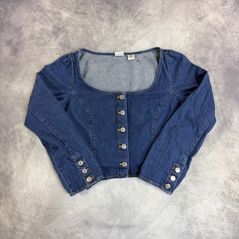 Levi's Denim Top Womens Large Blue Square Neck Button Front Long Sleeve Cotton